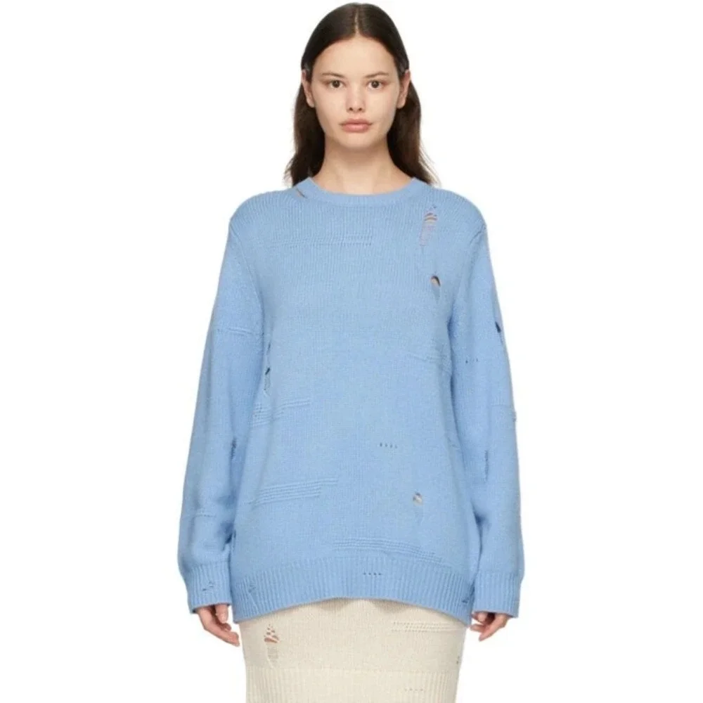 Helmut Lang Blue distressed‎ wool yak cashmere knit sweater pullover jumper XS